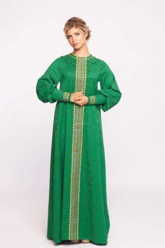 Платье в русском стиле зеленое с металлическими пуговицами